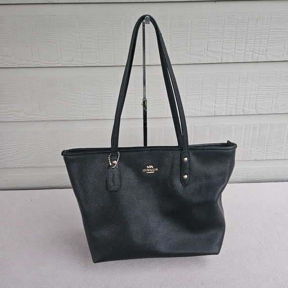 Coach City Tote Bag Purse Crossgrain Leather Zip Black Handbag Large Shoulder - Picture 1 of 14